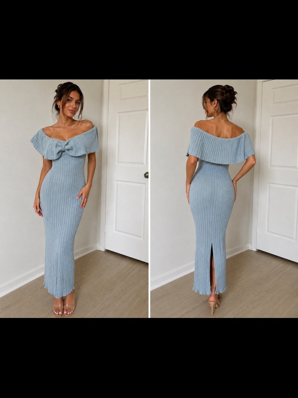 Off-Shoulder Ribbed Maxi Dress with Front Bow in Dusty Blue